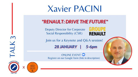 Join us for a keynote speech followed by a Q&A session with Xavier Pacini
👨🏻💼Deputy Director for Corporate Social Responsibility (CSR) at Groupe Renault
🗺Served the group in Italy, Brazil and France since 2002
📚Developed training programs and school partnerships for the Renault-Nissan Alliance
🚗CSR at Renault? Part of CSR is contributing to build a more inclusive society & work for a responsible and sustainable mobility for all