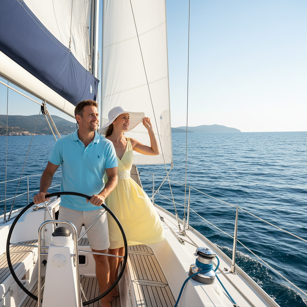 Couple learn to sail in Auckland CBD on a yacht.