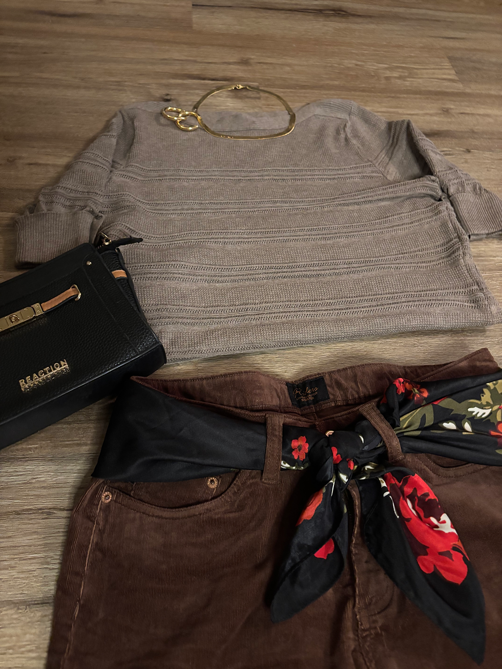 Taupe Apt. 9 sweater with brown corduroy Riders, silk floral scarf, Kenneth Cole clutch, and 24k gold accessories