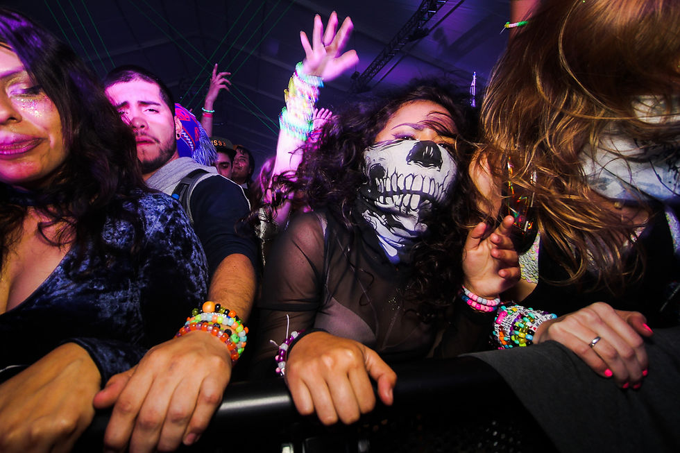 A crowd of people, one wearing a skull bandana, dance and throw their hands up at the edge of a barricade rail during a live show. They are all wearing Kandy rave bracelets.