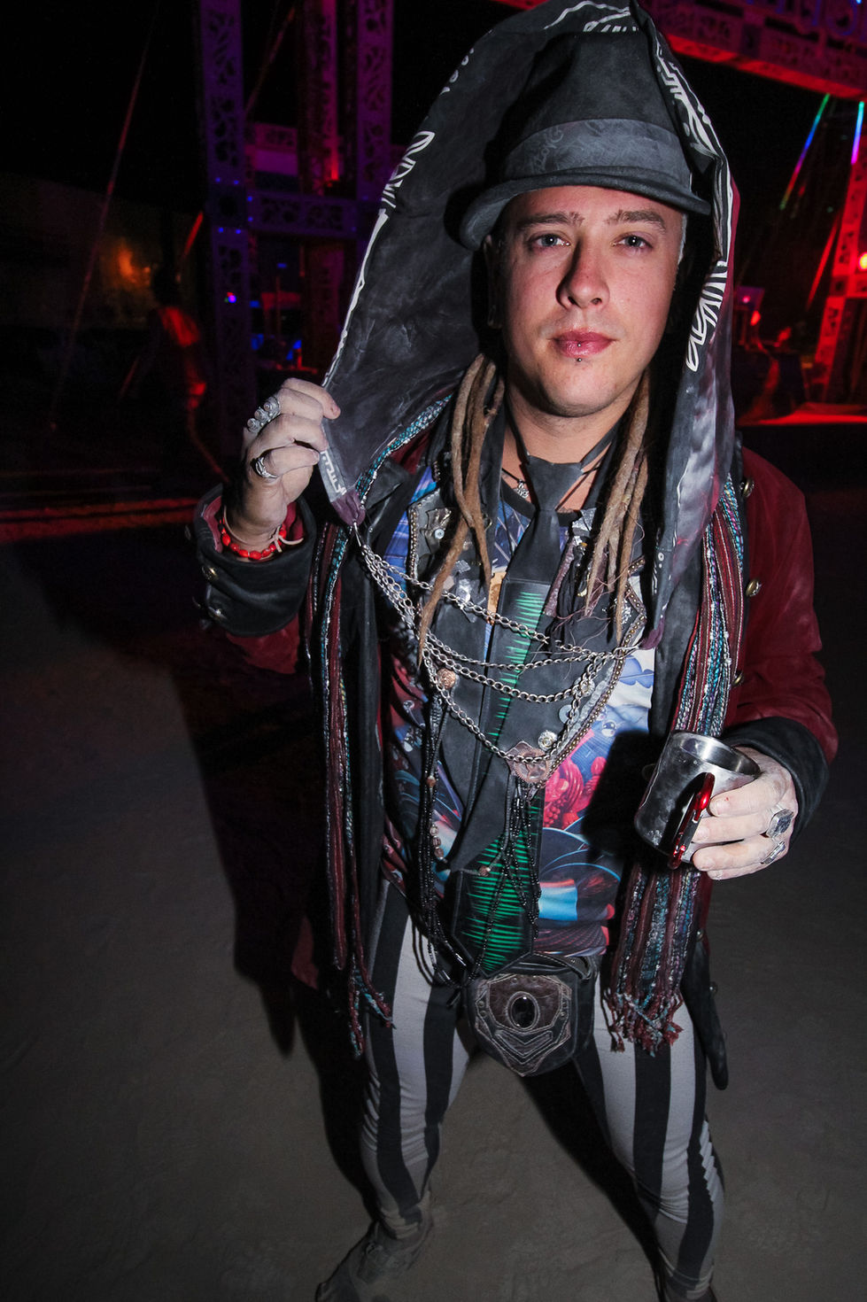 A Burning Man citizen shows off his desert fashion