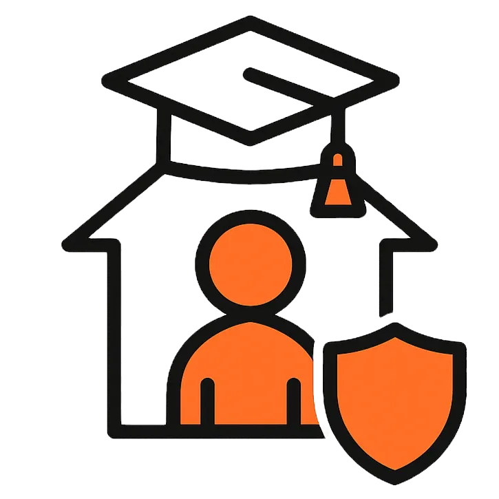 Ícone de proteção escolar com escudo, simbolizando suporte jurídico para famílias educadoras em situações de risco.