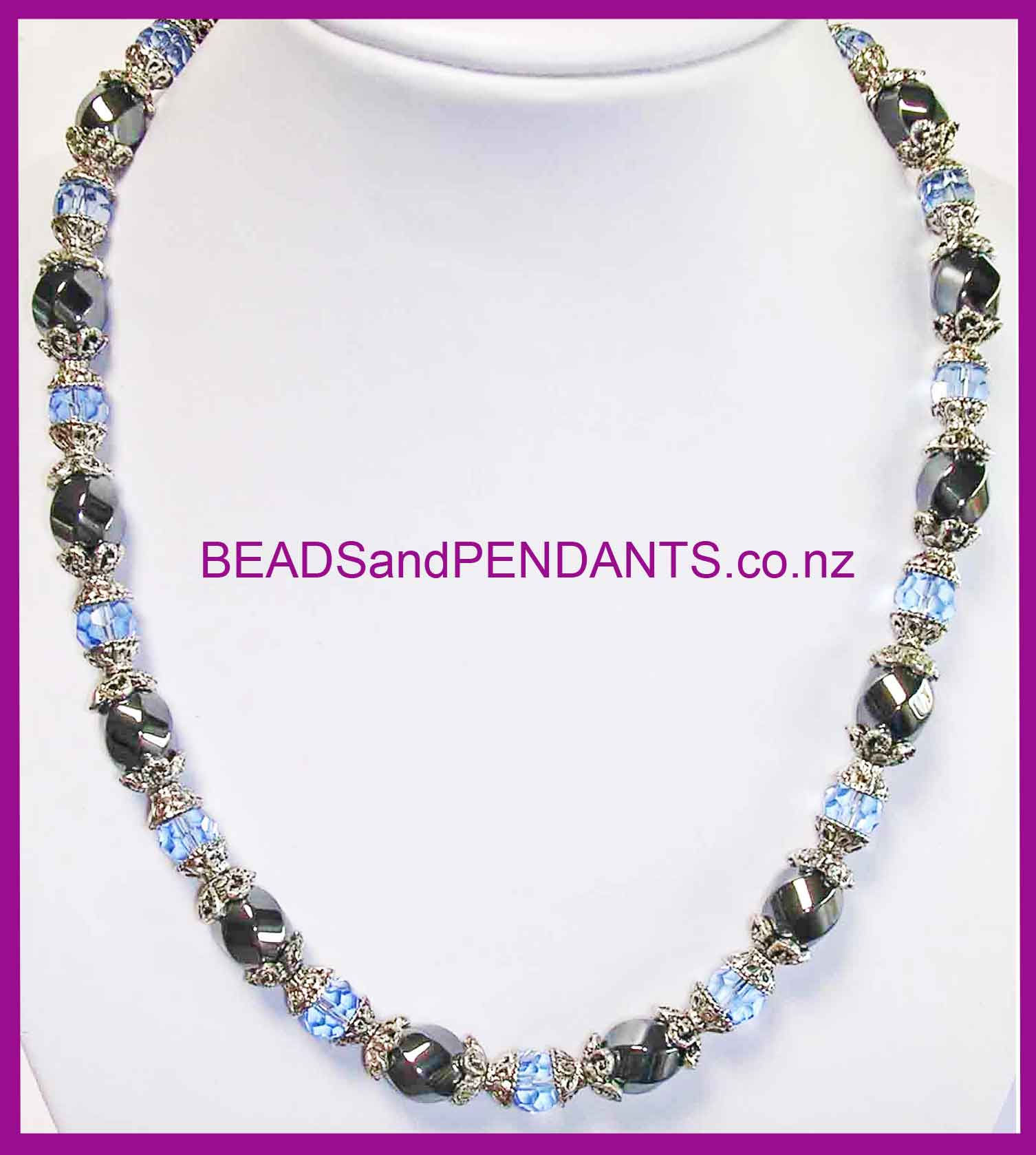 Necklace - FACETED & TWIST ROUND Hematite & Glass LIGHT BLUE (N1599)