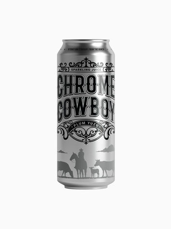 Chrome Cowboy sparkling juice can with western silhouette