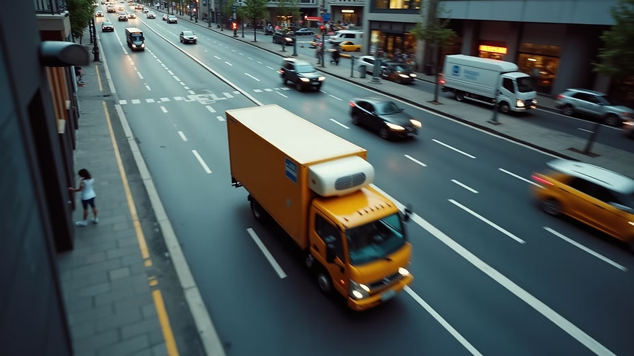 Urban delivery truck navigating through heavy traffic