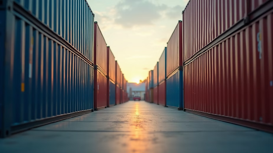 A shipping container at a loading dock ready for transport.