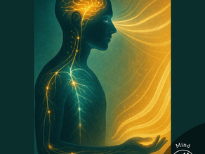 Artistic silhouette of a human body glowing with neural lines from the feet, eyes, and spine into the brain, expanding outward into spiral movement. Background: teal + gold gradient.
