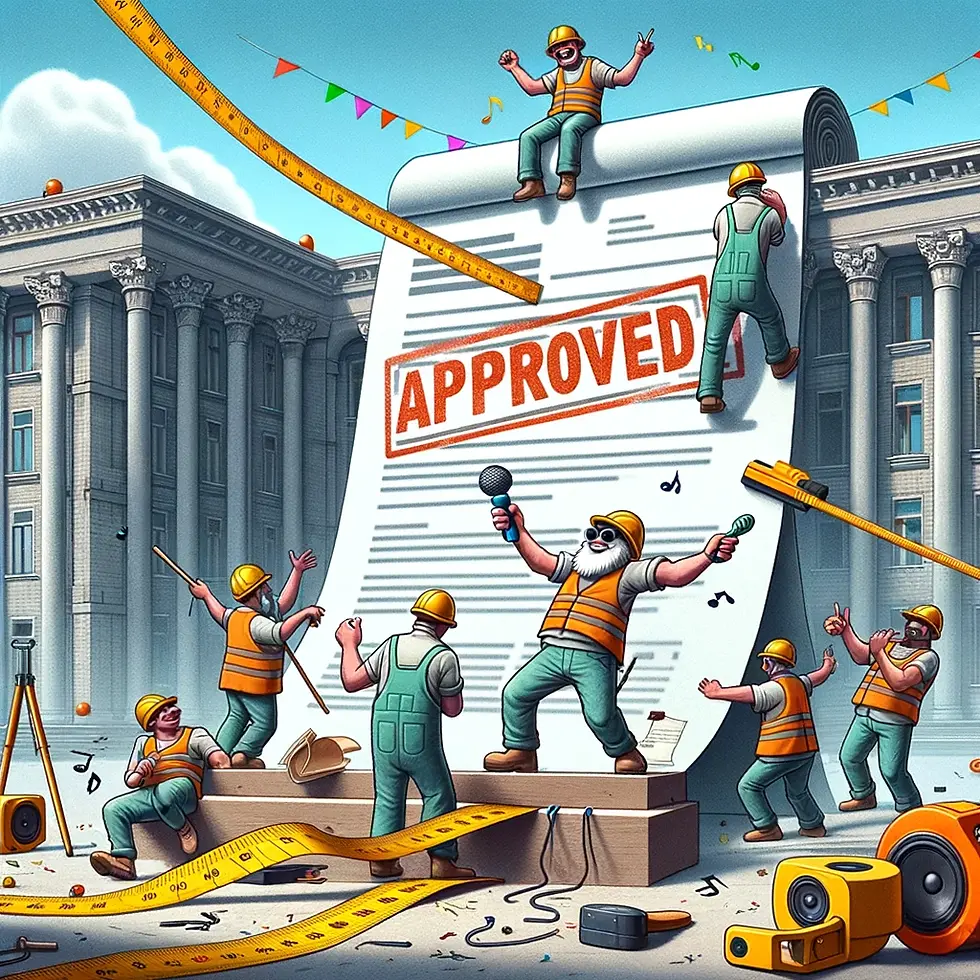 A terceira ilustração capta o momento de celebração da equipe, dançando ao redor do documento que agora ostenta um grande selo 'APROVADO'. Com capacetes transformados em caixas de som e fitas métricas usadas como serpentinas, eles comemoram a superação dos obstáculos burocráticos.