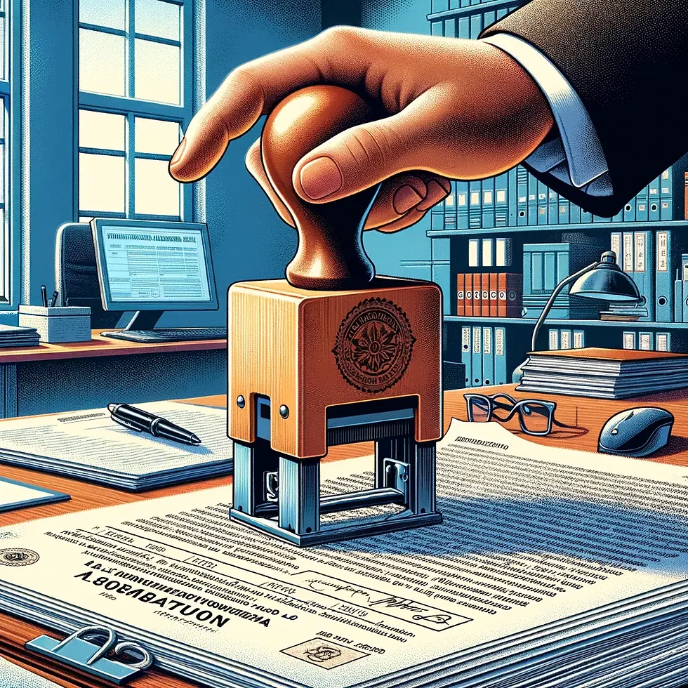 A imagem ilustra o momento em que um atendente de cartório aplica um carimbo em um documento de averbação