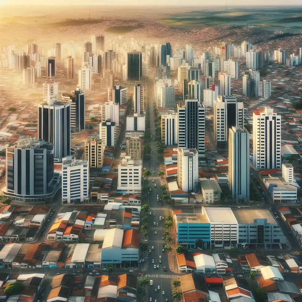 Uma vista aérea destacando uma mistura de prédios comerciais e industriais ao lado de áreas residenciais.