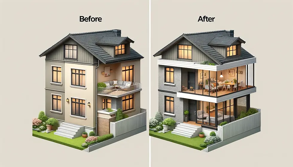 A primeira imagem ilustra uma casa modesta que foi ampliada para os lados e para trás, adicionando vários novos cômodos e expandindo o espaço de vida