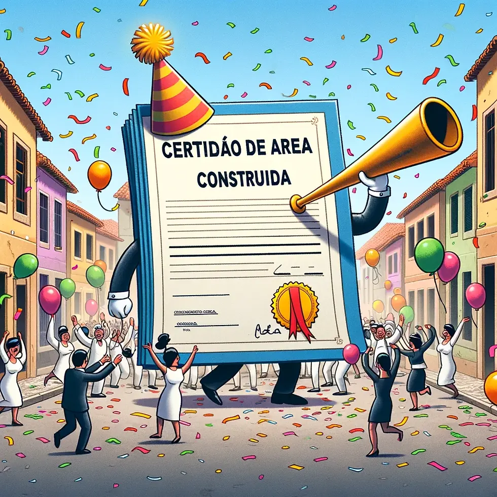 Uma animada celebração nas ruas de Franca, com as pessoas dançando ao redor de um documento gigante da Certidão de Área Construída.