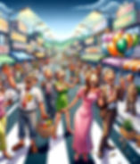 entro comercial movimentado com moradores e comerciantes interagindo alegremente. Alguns seguram balões e outros aproveitam a atmosfera festiva