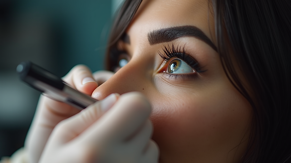 Eye-level view of a cosmetic tattoo artist working on eyebrow details