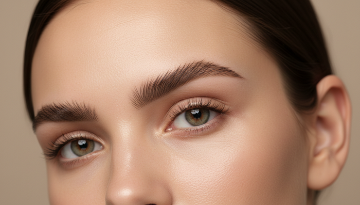 Close-up view of soft feathered eyebrows on youthful skin