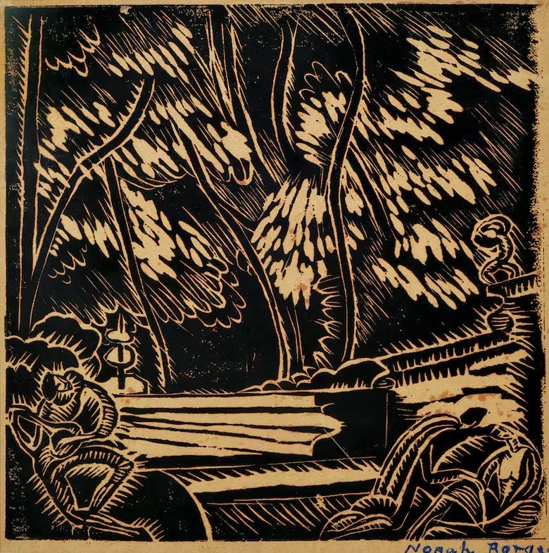 "Los jardines de Granada[Los jardines de la Alhambra]" (1919), una de las xilografías de Norah Borges exhibidas en la muestra actual del Museo Nacional de Bellas Artes