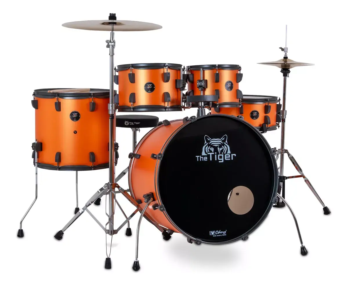 BATERIA ODERY  THE TIGER METAL ORANGE TG200 COM PRATOS E BANCO  COR PRETO.