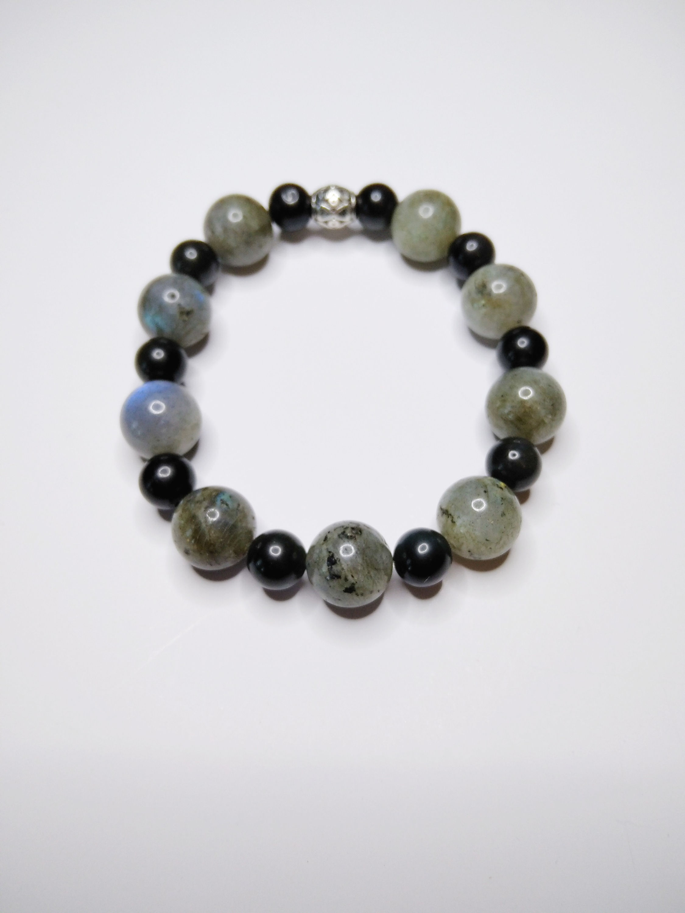 PULSERA LABRADORITA Y OBSIDIANA GOLD BOLA GRANDE