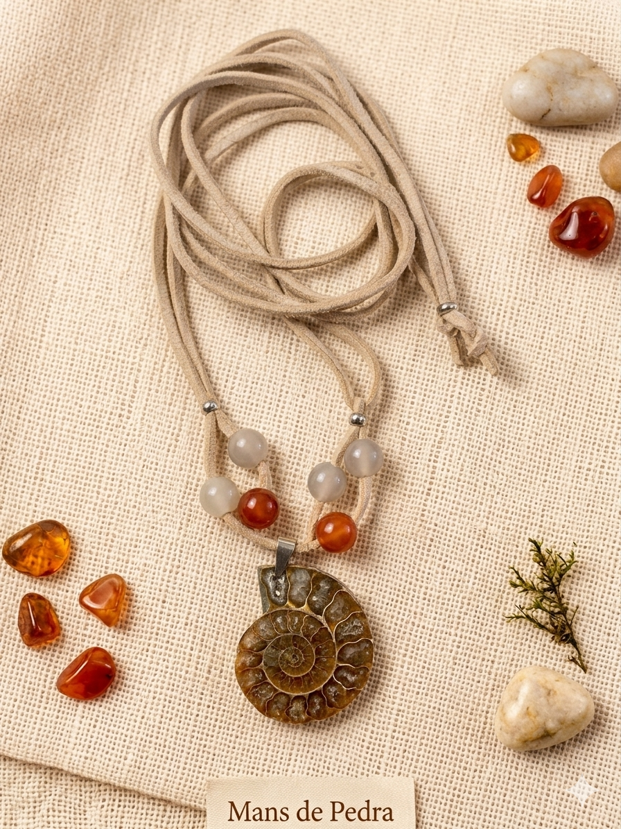 Colgante de ammonite fósil seccionado de Madagascar con hilo doble d antelina y bolas de ágata
