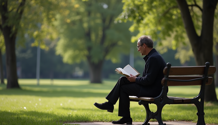 Eye-level view of a person sitting calmly on a bench in a park, looking thoughtfully at a book