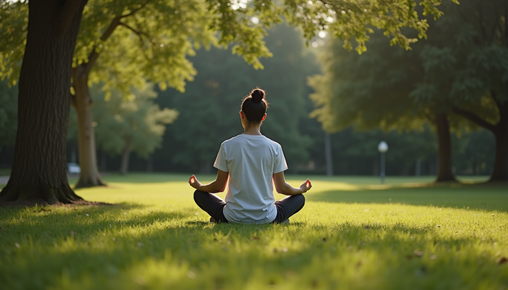 High angle view of a person meditating outdoors to manage stress