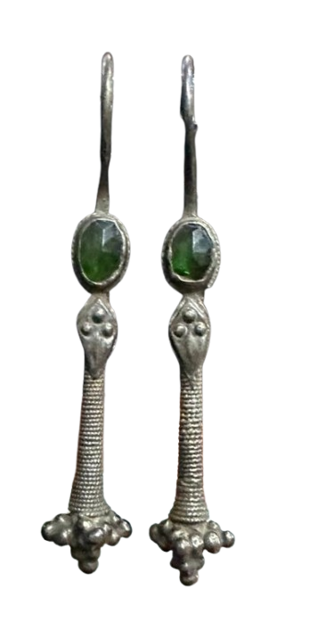 Oxidized silver earrings with emerald front view