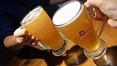 청주유흥주점 에서 판매하는 칭따오 맥주를 건배하는 손님들의 GIF 영상