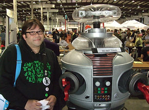 R. Michael Soo with the Lost In Space robot at the Maker Faire 