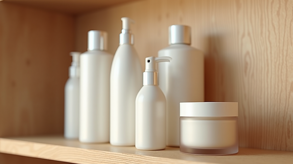 Eye-level view of minimalist skincare bottles arranged on a wooden shelf