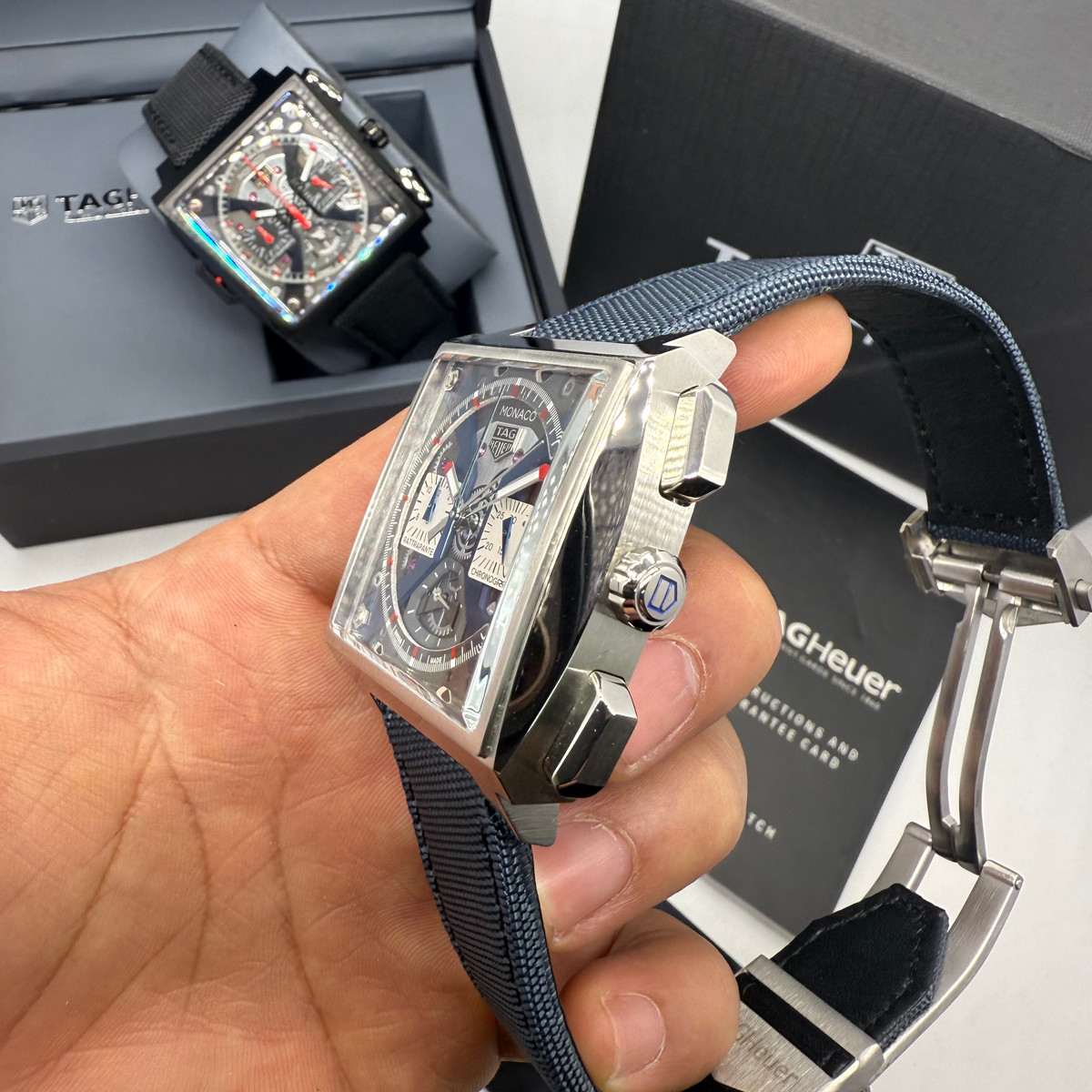 TAG Heuer Monaco Split-Seconds Chronograph 44mm, Mostrador Prata e Azul