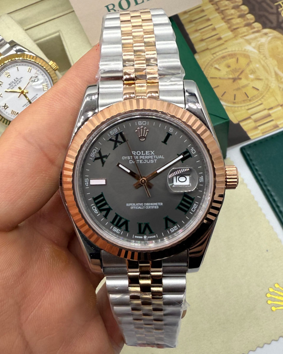 Rolex Rolex Date-Just 41mm/36mm Wimbledon Aço/Rose, Mostrador Cinza, Luneta Canelada