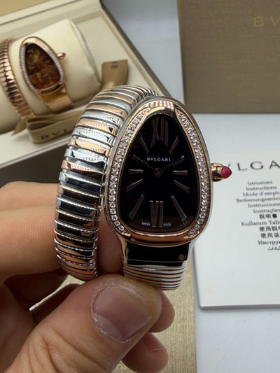 Bvlgari Serpenti Tubogas 01 Volta 35mm Aço/Rose Mostrador Preto - Cravejado