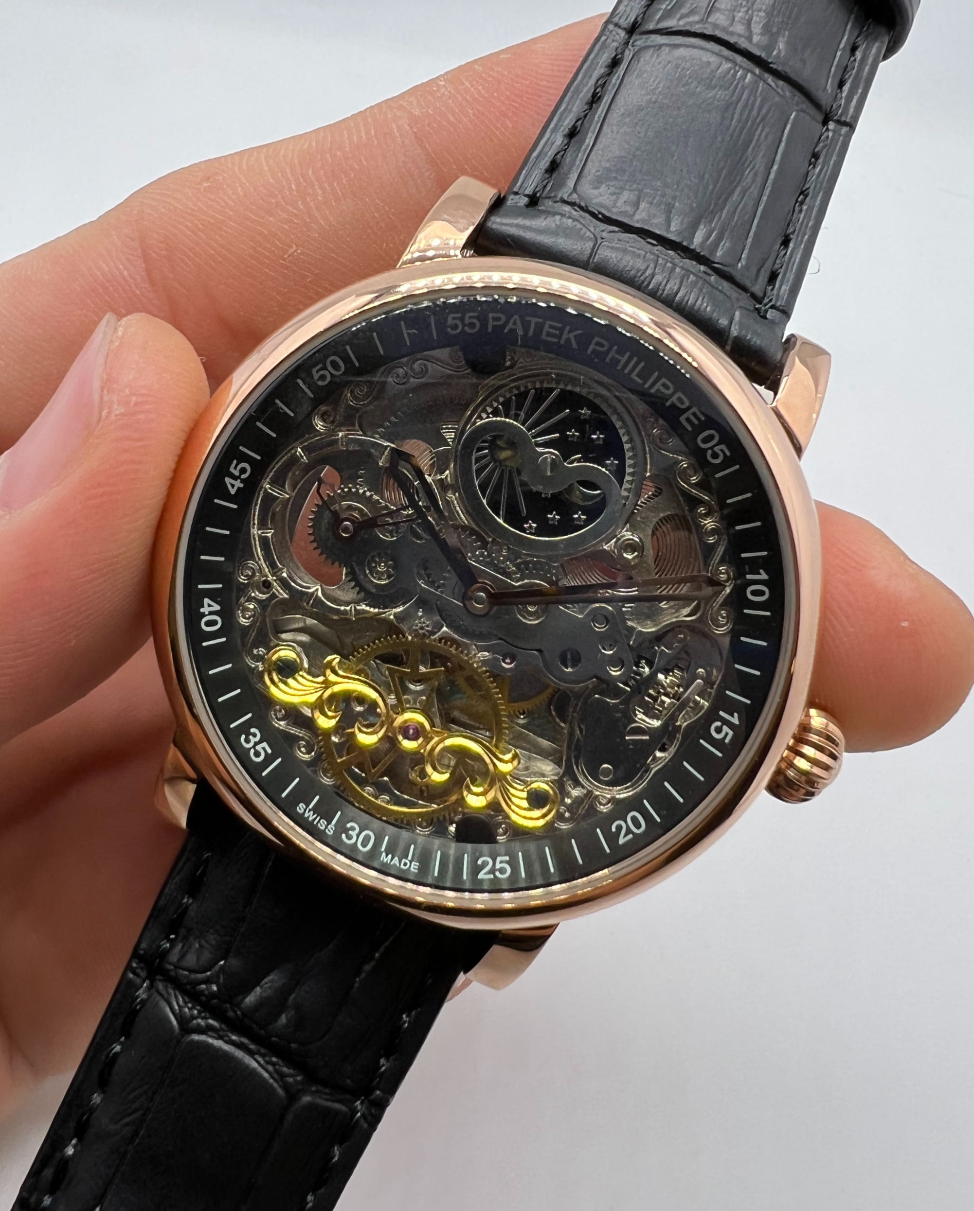 Patek Phillippe Turbilhão Esqueleto 42mm Aço, Pulseira Couro