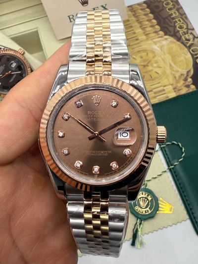 Rolex Date-Just 31mm/36mm Aço/Rose, Mostrador Marrom, Luneta Canelada