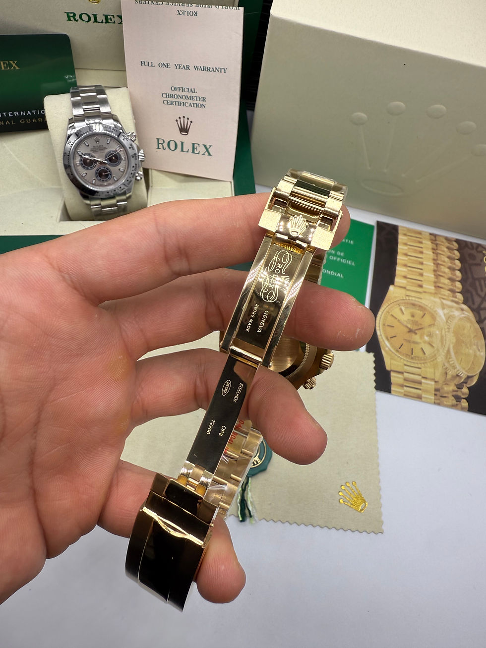 Miniatura: Rolex Daytona 40mm Todo Aço Dourado Mostrador Verde Pulseira Aço
