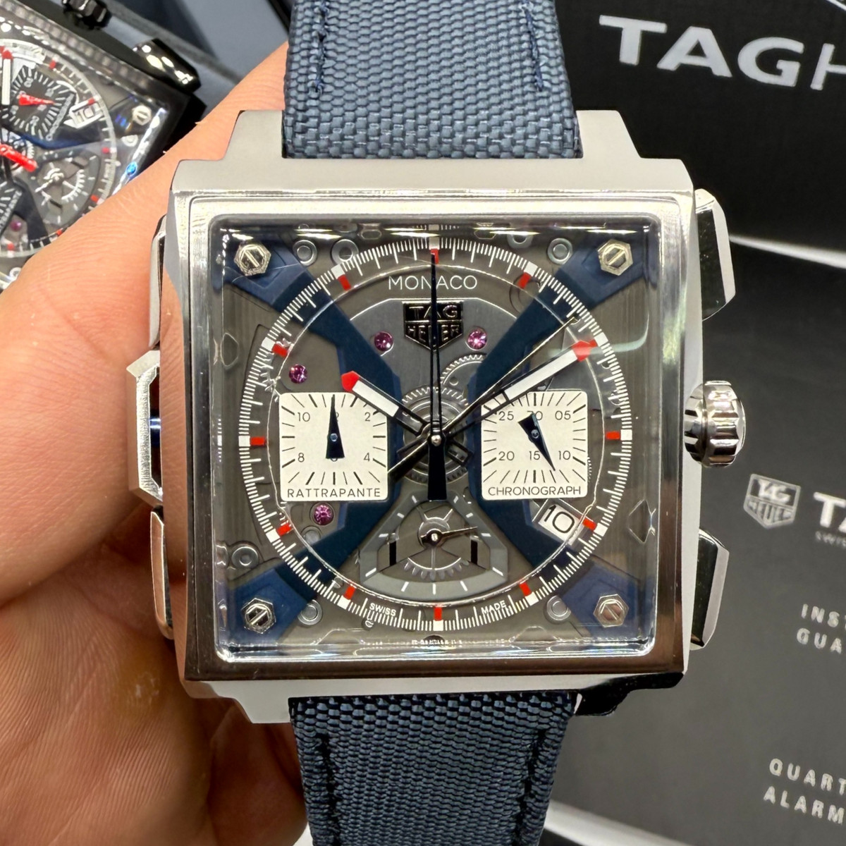 TAG Heuer Monaco Split-Seconds Chronograph 44mm, Mostrador Prata e Azul