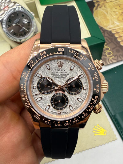 Rolex Daytona 40mm Aço Rose Mostrador Prata Luneta Preta, Pulseira OysterFlex
