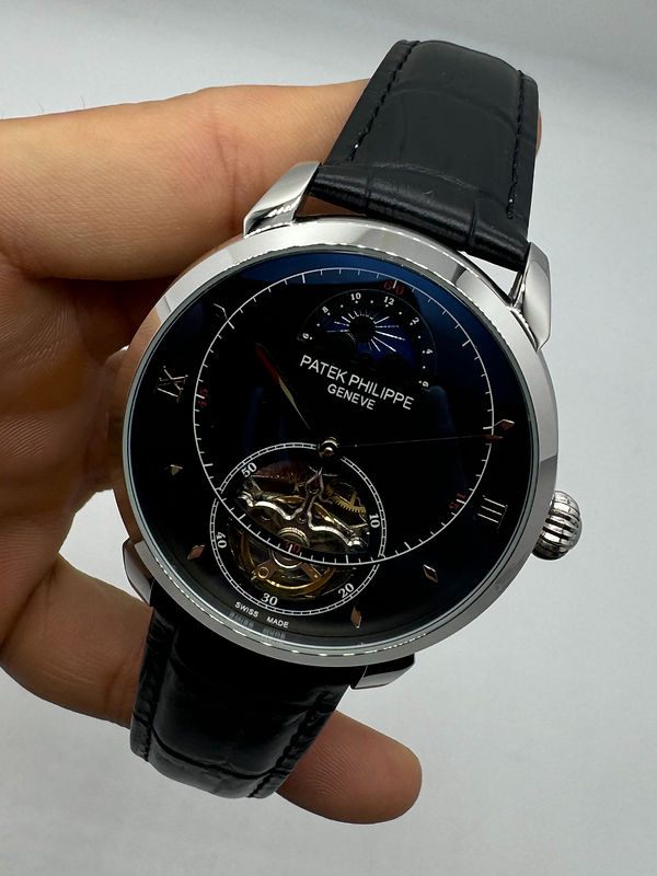 Patek Phillippe Fases da Lua Turbilhão 42mm Aço, Pulseira Couro
