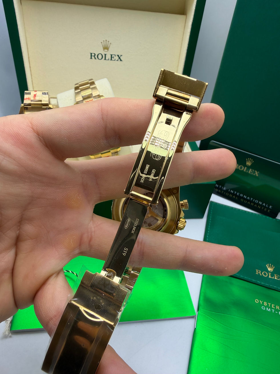 Miniatura: Rolex Daytona 40mm Todo Aço Dourado Mostrador Verde Pulseira Aço PVD Gold