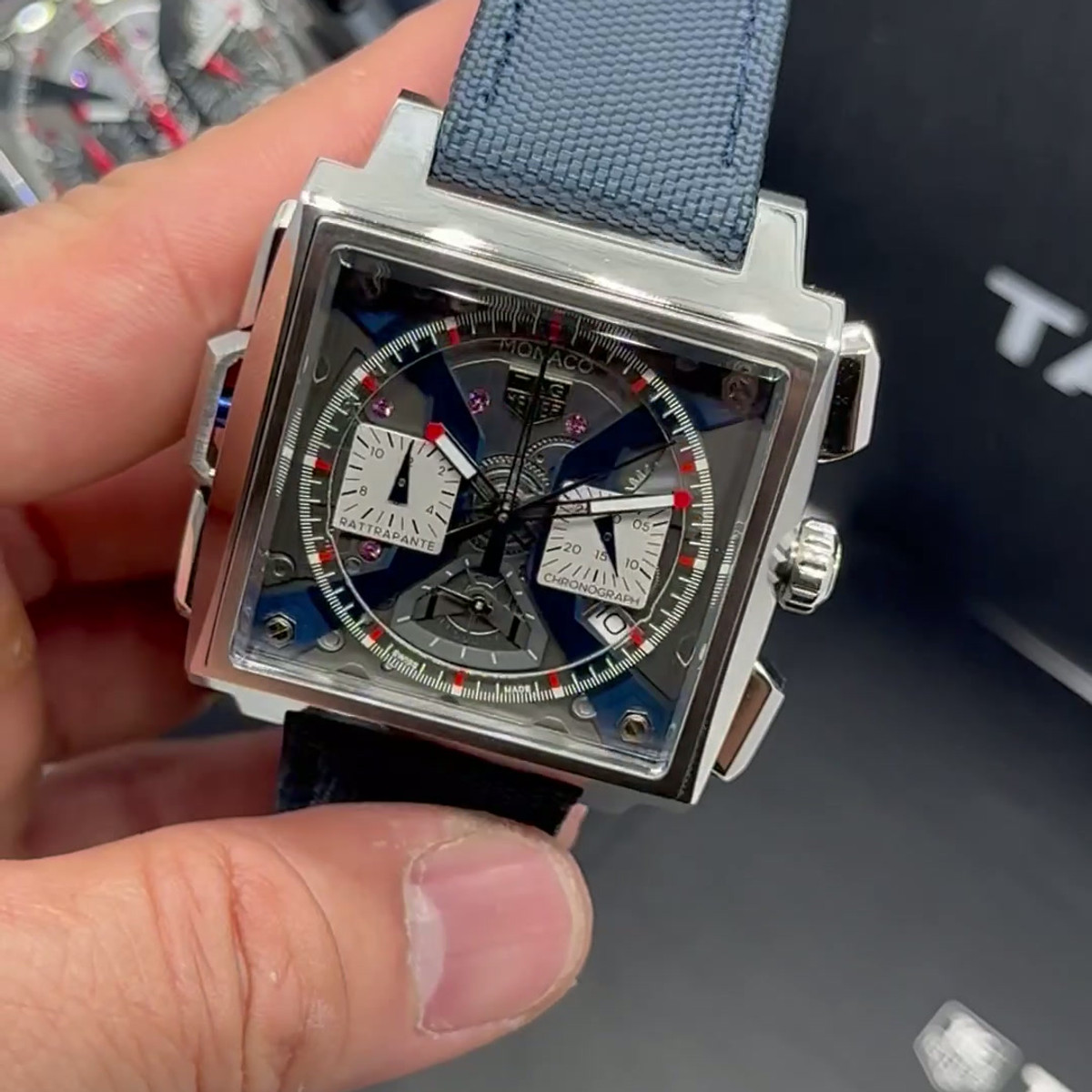 TAG Heuer Monaco Split-Seconds Chronograph 44mm, Mostrador Prata e Azul