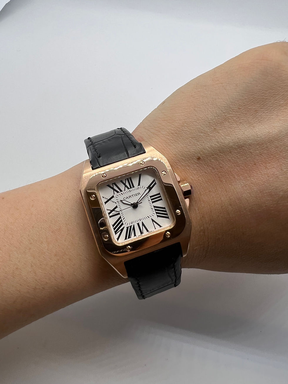 Miniatura: Cartier Santos 41mm/36mm - Aço/Rose - Mostrador Branco - Puls. Couro