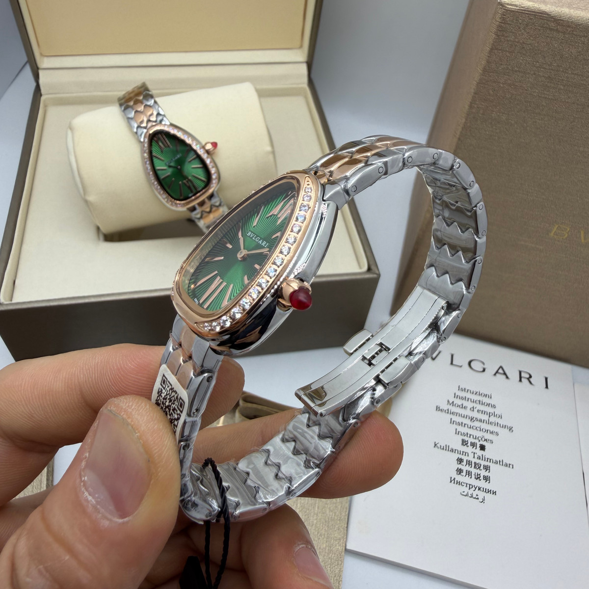 Bvlgari SERPENTI SEDUTTORI 33mm Aço/Rosè - Mostrador Verde Bezel Cravejado