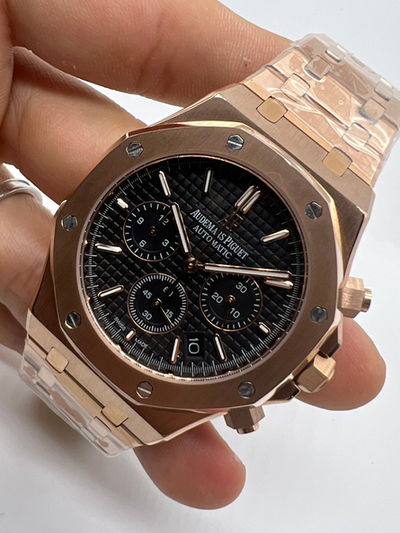 Audemars Piguet R.O. Dourado Mostrador Preto Bezel Rose Pulseira Rose