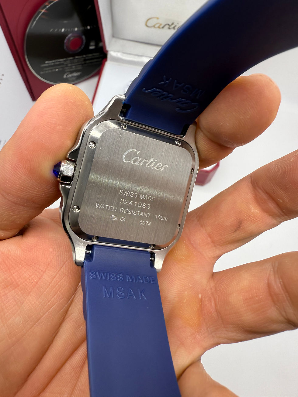 Miniatura: Cartier Santos 40mm - Aço Mostrador Azul - Pulseira Borracha