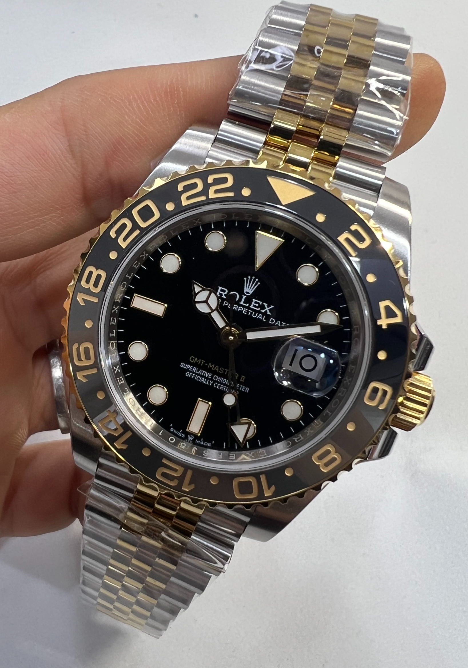 Rolex GMT Master II 40mm, Aço/Ouro, Bruce Wayne, Pulseira Jubilee - CLONE