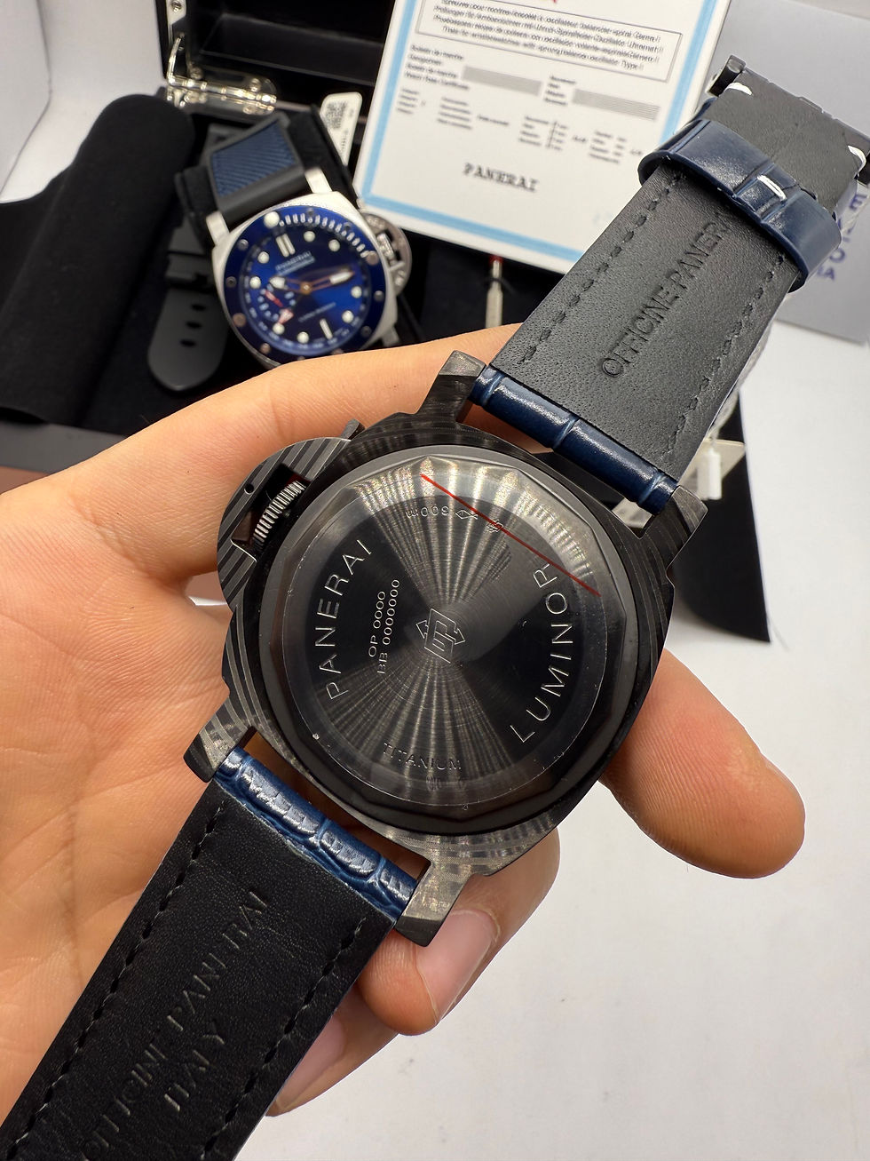 Miniatura: Panerai Luminor Marina 44 mm Aço/OxCarbon Mostrador Azul - Pulseira Couro