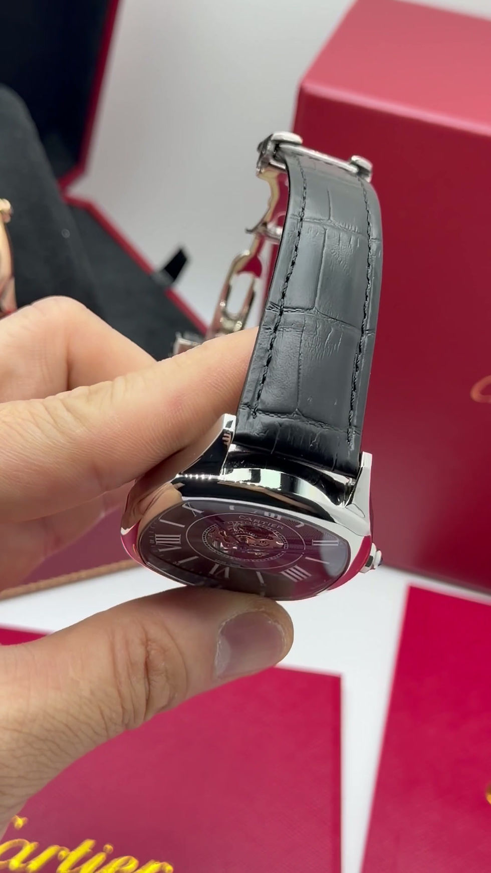 Miniatura: Cartier Drive 41mm Turbilhão Central Aço - Mostrador Preto - Pulseira Couro