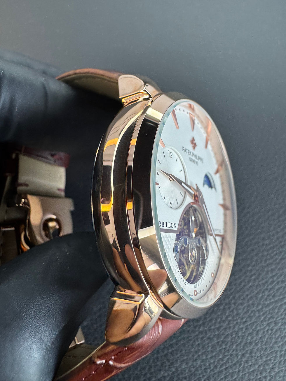 Thumbnail: Patek Phillippe Turbilhão 42mm Aço Rosê Mostrador Branco, Pulseira Couro