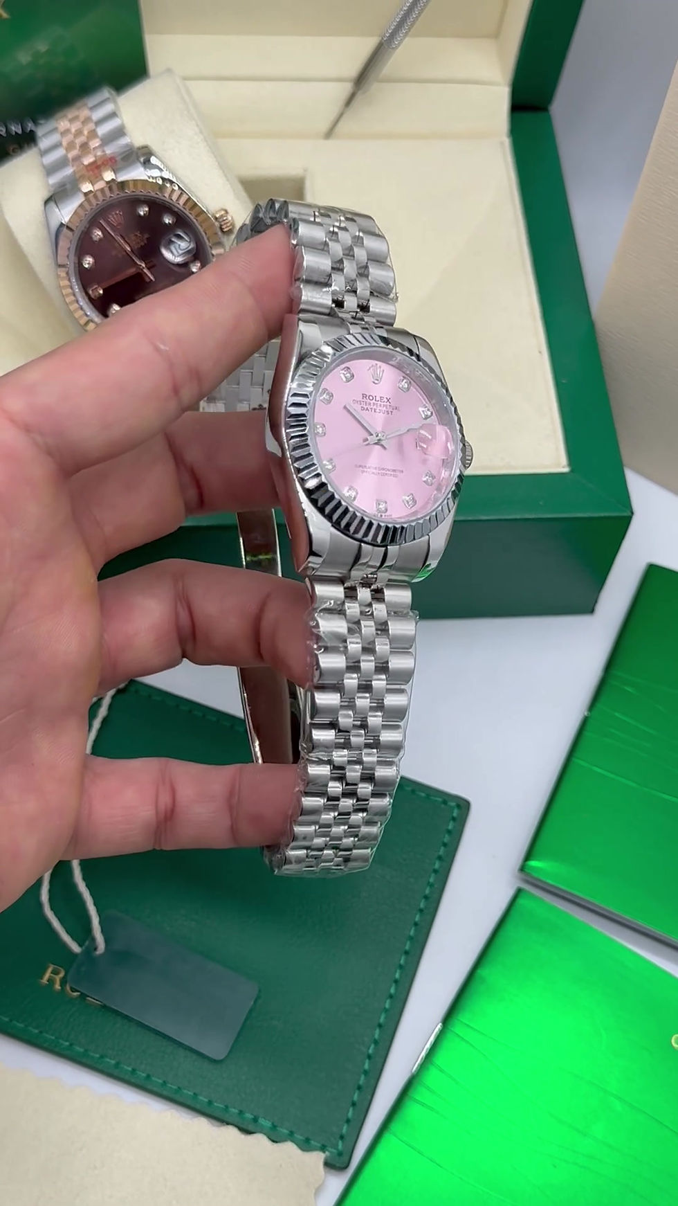 Miniatura: Rolex Datejust 31mm/36mm Aço, Mostrador Rosa, Luneta Canelada