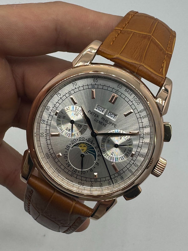 Patek Phillippe Fases da Lua 42mm Aço/Rose, Pulseira Couro